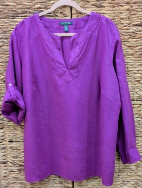 Lauren Ralph Lauren Purple V-Neck Linen Tunic Top Size 2X
